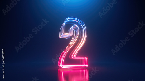 3d rendering. Neon number two. Glowing colorful line inside the glass symbol 2 shape. Top chart