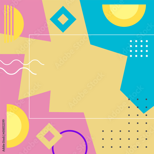 Abstract background square card with various geometric shapes ornaments and text space. Square wallpaper with geometric memphis style.