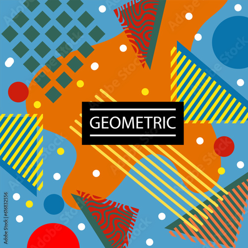 Abstract background square card with various geometric shapes ornaments and text space. Square wallpaper with geometric memphis style.