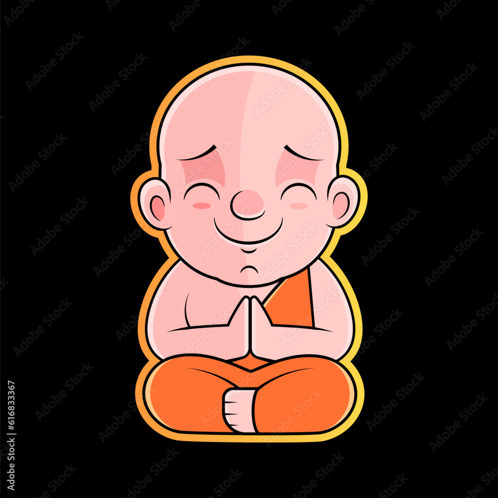 Buddhist monk in orange robes sitting in meditation. Cute cartoon tibetan monk meditating illustration. Buddhist monk in orange robes sitting in meditation. Cute cartoon tibetan monk meditating illustration.