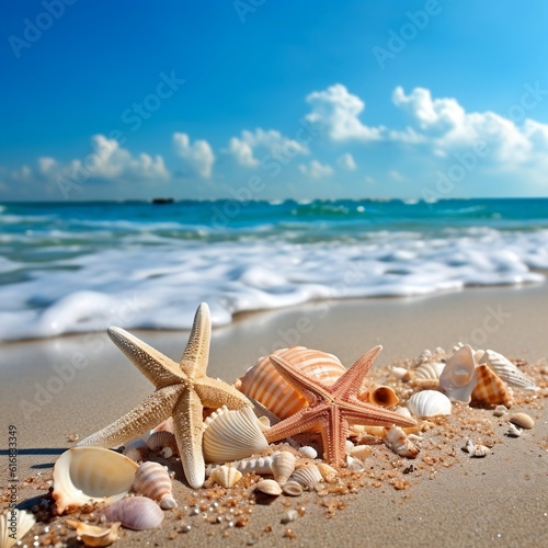seashells and starfish scattered on a sandy beach with ocean waves in the background , Generative AI