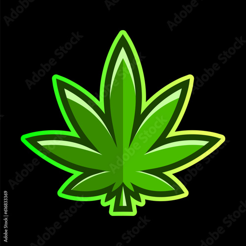 Medical Cannabis Logo with Marijuana Leaf Glowing Neon Light Style Green on Dark Brick Wall Background -
