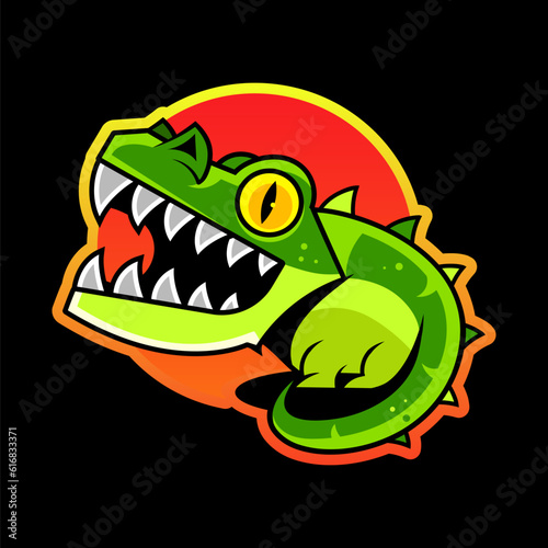 Adorable little green crocodile with a colorful pink bird perched on its nose isolated on white, colored cartoon vector illustration isolated
