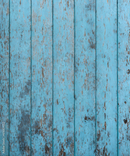 Close-up of an old wooden fence boards with peeling paint. Texture pastel gentle blue background. Perfect for a natural or vintage theme. Rustic hardwood planks. Generative AI 