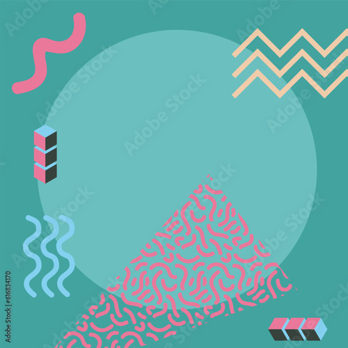 Abstract background square card with various geometric shapes ornaments. Square wallpaper with geometric memphis style.