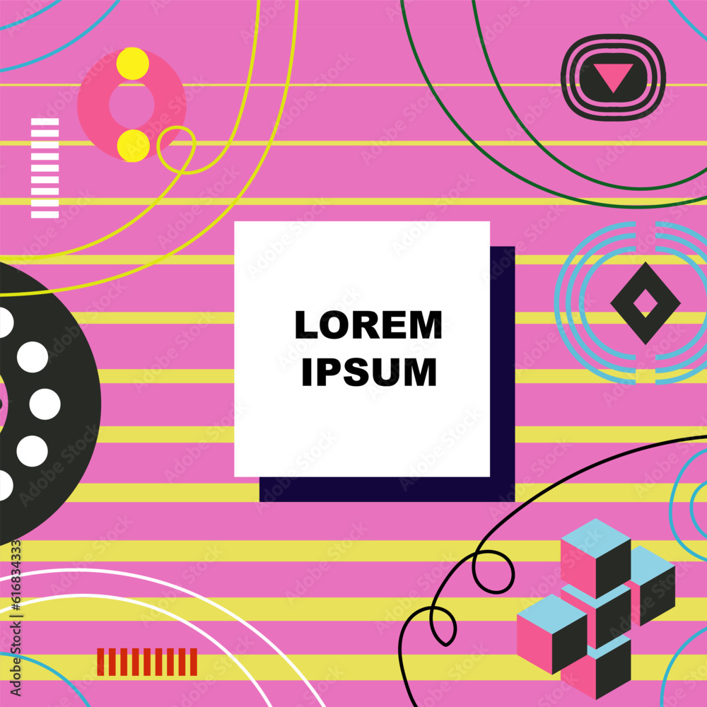 Abstract background square card with various geometric shapes ornaments. Square wallpaper with geometric memphis style. Abstract background square card with various geometric shapes ornaments. Square wallpaper with geometric memphis style.