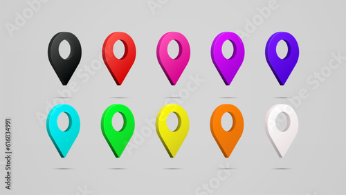 3D pin location icons. Pointers on the map in different colors. Set of icons for navigation and GPS.