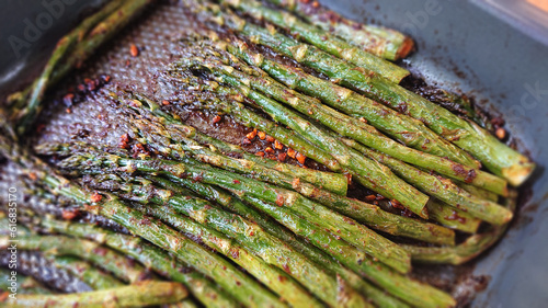 Green grilled asparagus in a pan