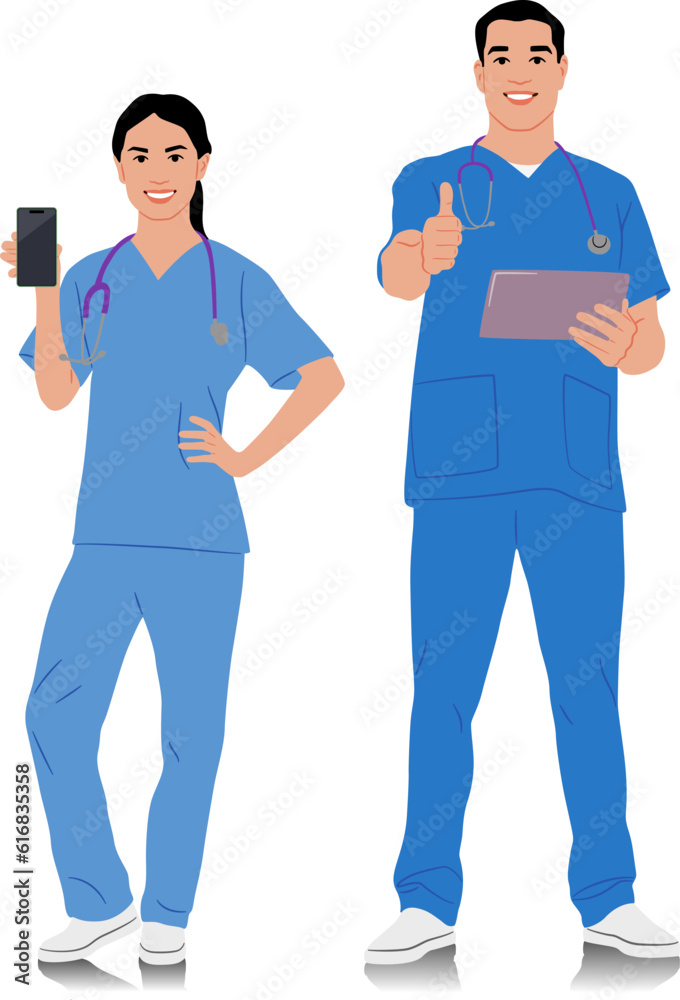Hand-drawn healthcare workers. Happy smiling doctors with a stethoscope. Male and female nurse in blue uniform poses. Different color options. Vector flat style illustration set isolated on white Hand-drawn healthcare workers. Happy smiling doctors with a stethoscope. Male and female nurse in blue uniform poses. Different color options. Vector flat style illustration set isolated on white