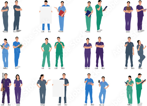 Hand-drawn healthcare worker set. Happy smiling doctor with a stethoscope. Male and female nurse in blue uniform poses. Different color options. Vector flat style illustration set isolated on white