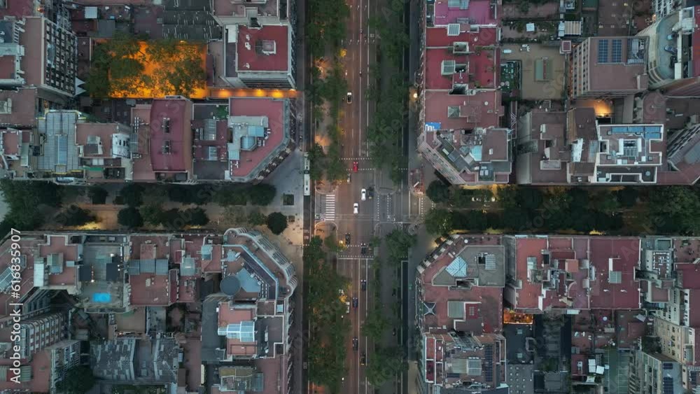 Central areas of Barcelona at night. Top view, filming from a drone. Central areas of Barcelona at night. Top view, filming from a drone.