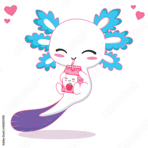 kawaii axolotl drinking strawberry milk tea cartoon vector illustration
