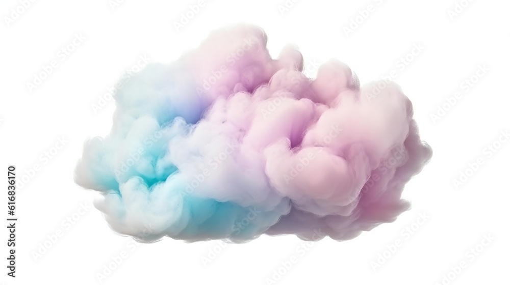A vibrant cloud of colorful smoke on a blank white backdrop