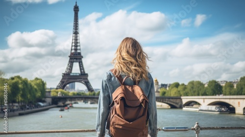 Rear view of woman tourist with a backpack on the background of the Eiffel Tower.