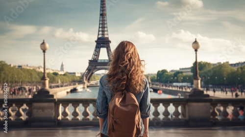 Rear view of woman tourist with a backpack on the background of the Eiffel Tower.