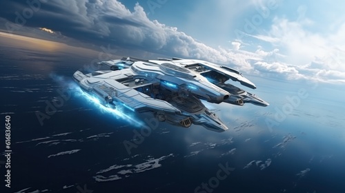 Fototapeta Naklejka Na Ścianę i Meble -  Futuristic spaceship in the sky. The concept of the future. Aerial view.