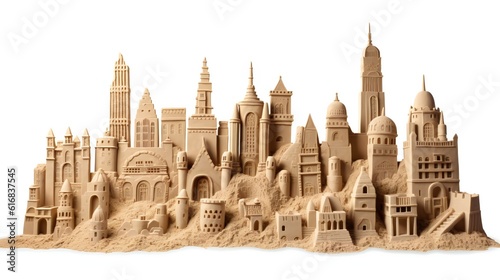 A sand castle resembling a medieval castle on the beach