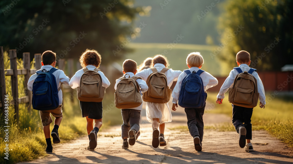 Obraz premium A group of energetic elementary school kids leaving school or went to school. School kids with backpacks running to school. Back to school. Created with Generative AI technology.