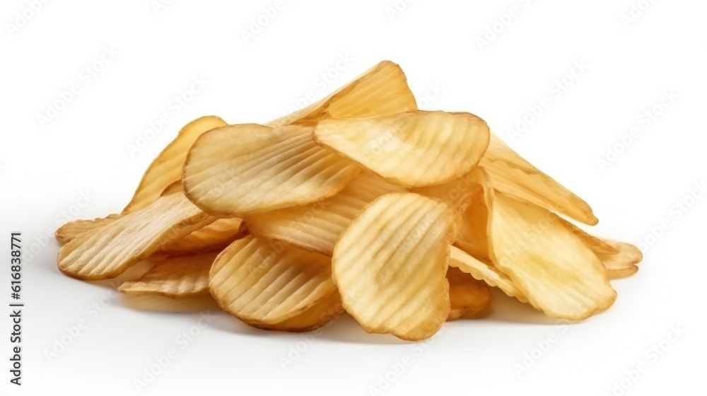 A stack of crispy potato chips on a plain white background A stack of crispy potato chips on a plain white background