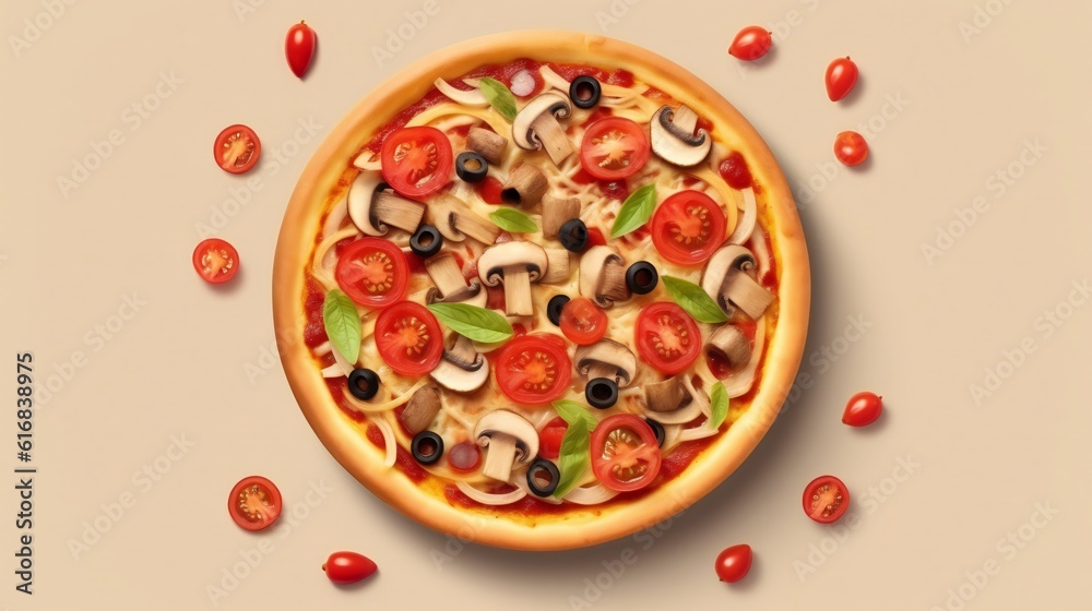 A delicious pizza topped with tomatoes, mushrooms, and olives A delicious pizza topped with tomatoes, mushrooms, and olives