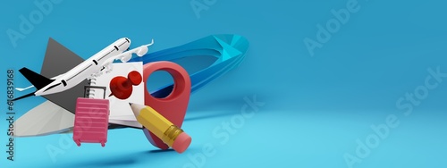 Luxury trevel - 3D Illustration of Planes, Books, Maps, Suitcases, and Pencils in Beautiful and Beautiful Colors