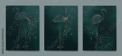 Dark green art background with hand drawn flamingo birds in gold line art style. Animal set with watercolor texture for decoration, print, poster, interior, textile