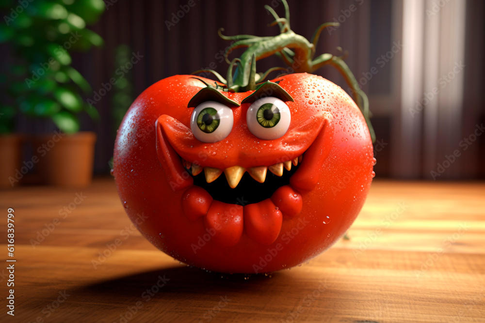 Evil tomato. Generative AI. Funny angry vegetable with eyes. concept of
