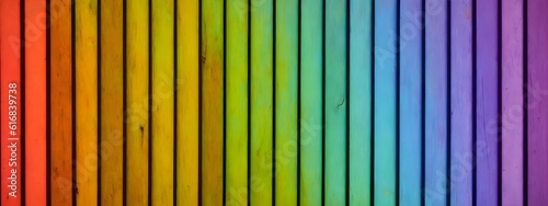 Rainbow LGBT pride flag crafted from thin wooden boards. Tolerance and diversity concept. Symbol of sexual minorities from painted wooden boards. Wooden rainbow banner. Generative AI