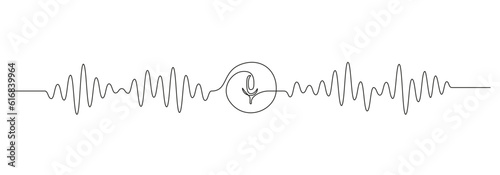 One continuous line drawing of music player soundbar with microphone button. Record audio podcast and sound wave voice message in simple linear style. Editable stroke. Doodle vector illustration