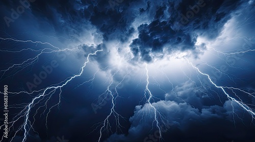 Dramatic thunderous stormy sky. Lightning strikes in cinematic landscape background. Electrical surge and wind.