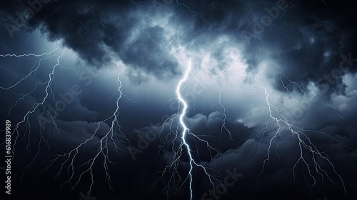 Dramatic thunderous stormy sky. Lightning strikes in cinematic landscape background. Electrical surge and wind.