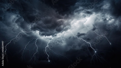 Dramatic thunderous stormy sky. Lightning strikes in cinematic landscape background. Electrical surge and wind.