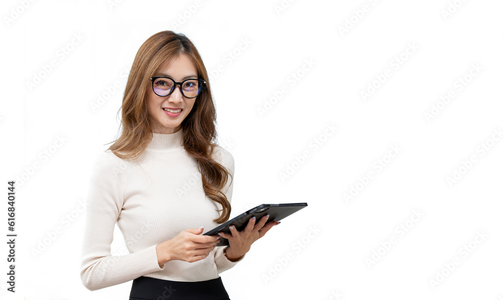 Portrait of young asian woman, company worker in glasses, smiling and holding digital tablet, standing over white background Portrait of young asian woman, company worker in glasses, smiling and holding digital tablet, standing over white background