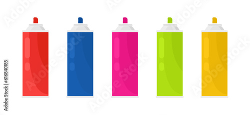 Vector paint spray bottles. Set of acrylic Spray Paints bottles in red, blue, pink, green and orange colours isolated on white background. Flat vector illustration photo