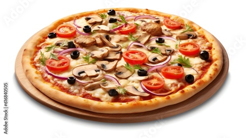 A delicious pizza topped with mushrooms, tomatoes, onions, and more
