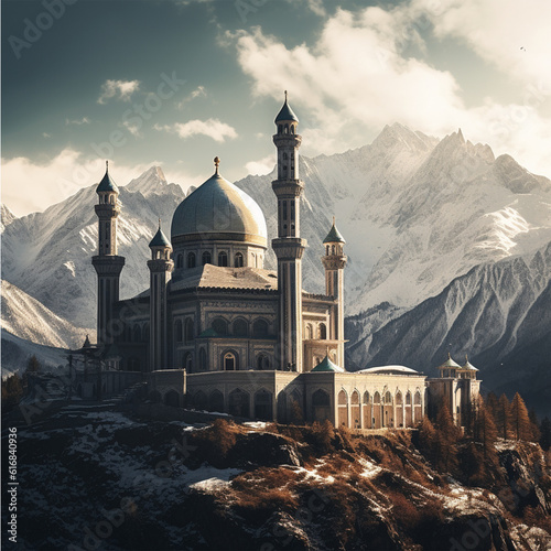 Mosque with a snow capped mountain peak background, Generative AI
