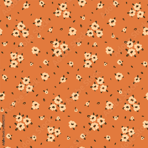 Seamless floral pattern, liberty ditsy print with drawing of cute small flowers. Pretty botanical design, country flower background with tiny hand drawn flowers, leaves. Vector illustration.