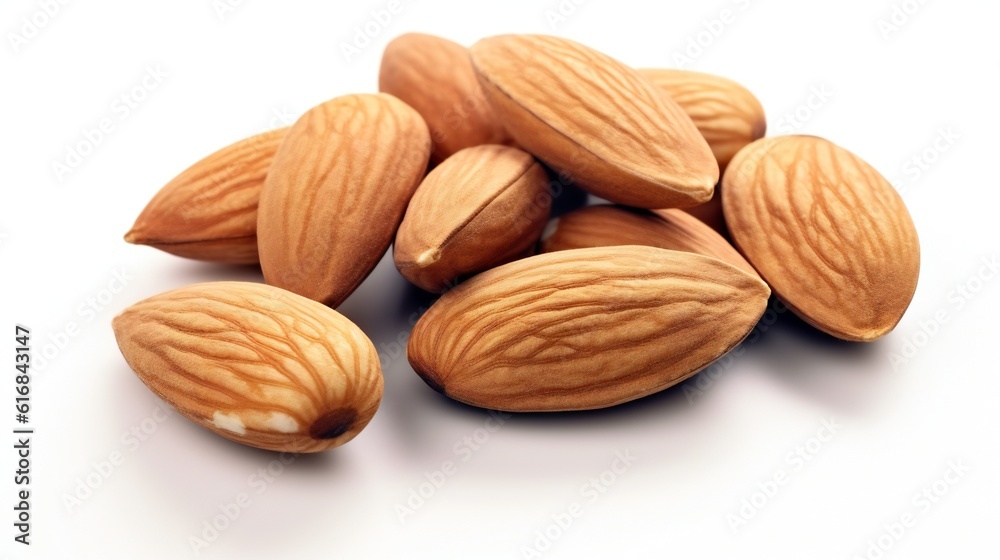 A heap of almonds on a clean white background A heap of almonds on a clean white background
