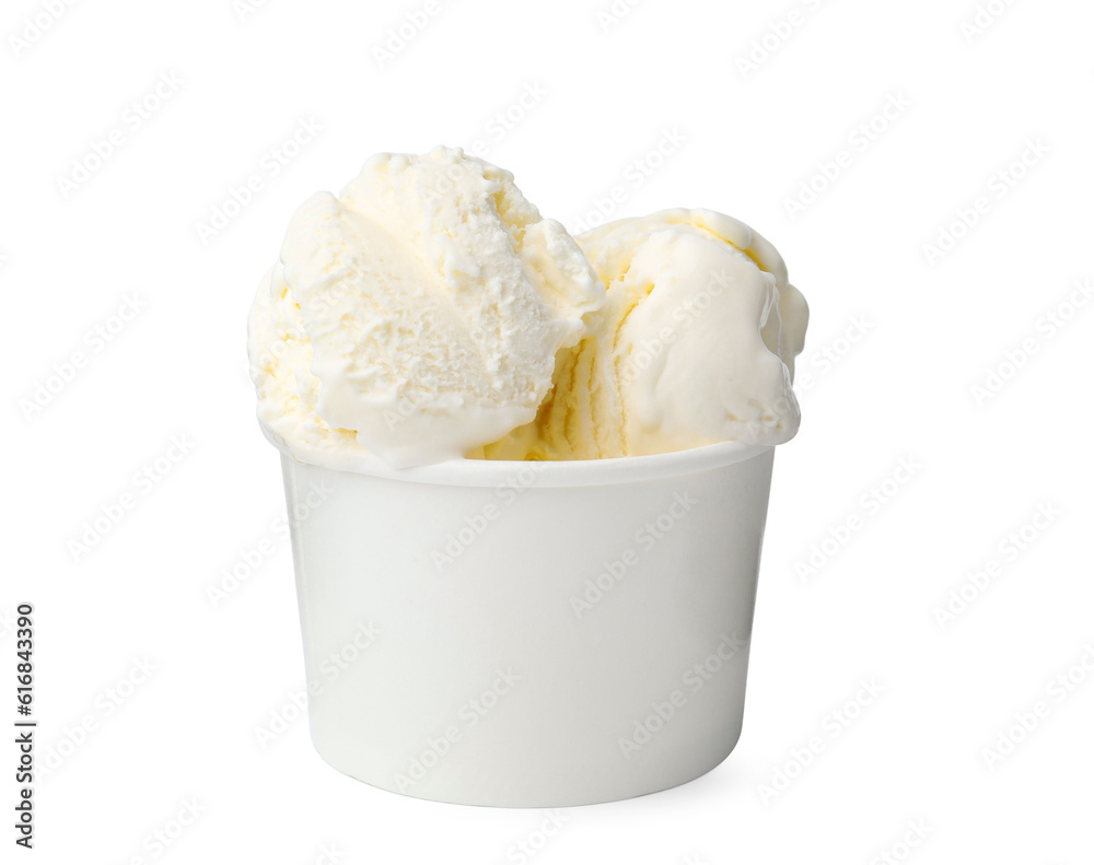Delicious vanilla ice cream in paper cup isolated on white Delicious vanilla ice cream in paper cup isolated on white