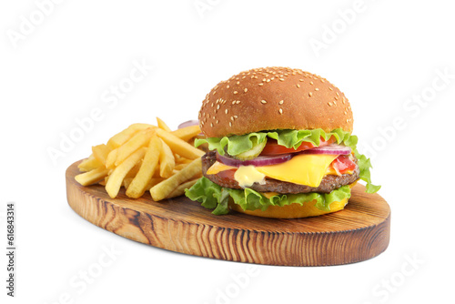 Delicious burger with beef patty and french fries isolated on white