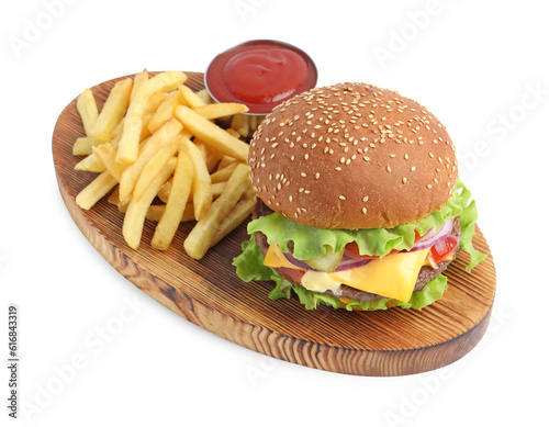 Delicious burger with beef patty, tomato sauce and french fries isolated on white