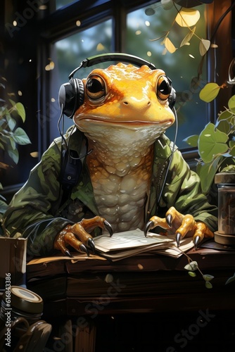 Frog Listening to Music and Reading