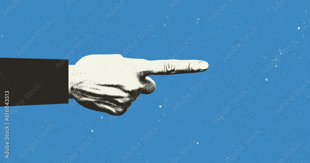 Hand points finger gesture on grunge background. Motion design fun animation. Art collage, magazine style. 