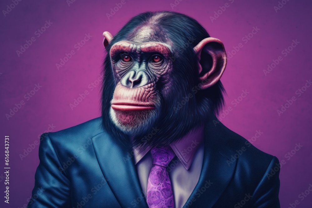 Anthropomorphic chimp dressed in a suit like a businessman. business concept. AI generated, human enhanced Anthropomorphic chimp dressed in a suit like a businessman. business concept. AI generated, human enhanced