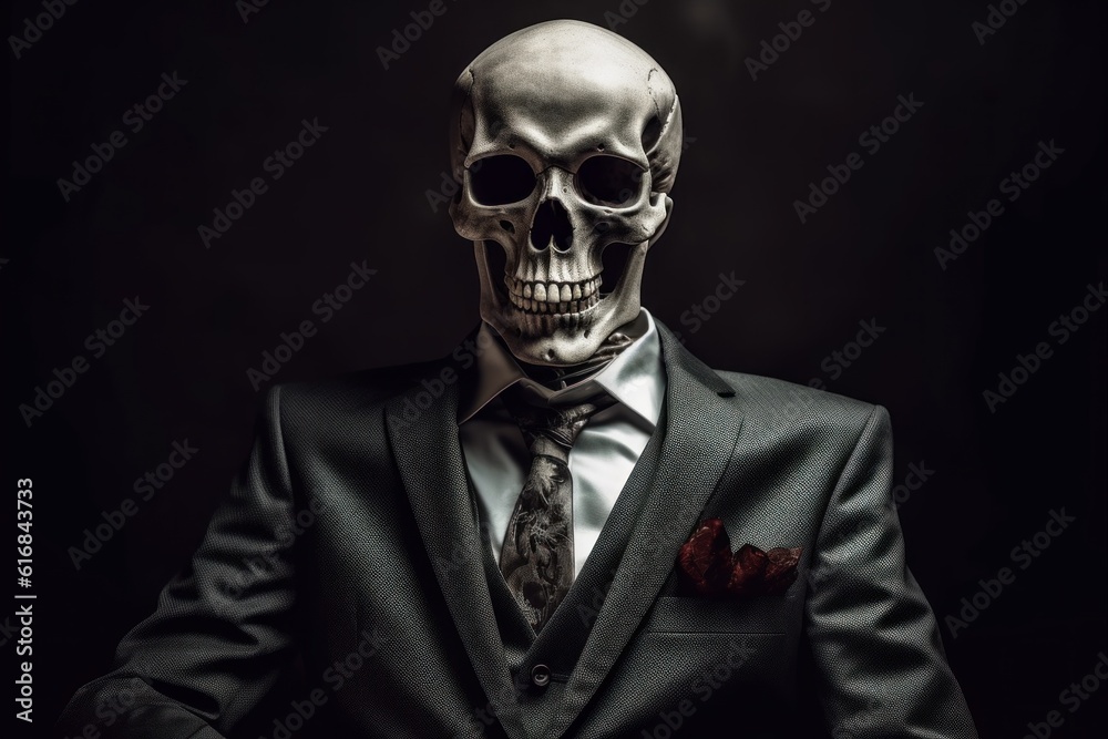 Skull with a skeleton in a business suit. AI generated, human enhanced Skull with a skeleton in a business suit. AI generated, human enhanced