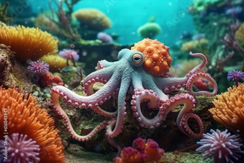 Beautiful octopus at the bottom of the sea. AI generated  human enhanced.