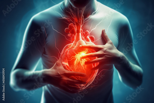 Abstract image of a man with chest pain. Health concept. Background with selective focus and copy space. AI generated