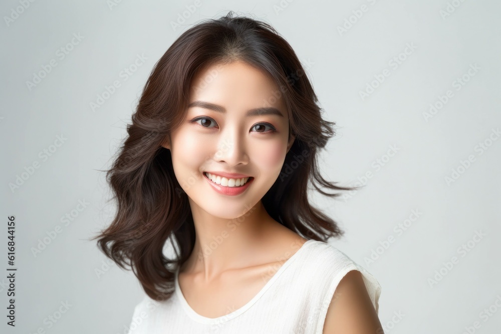 Beauty portrait of a pretty young Asian woman on a light background with selective focus and copy space. AI generated Beauty portrait of a pretty young Asian woman on a light background with selective focus and copy space. AI generated