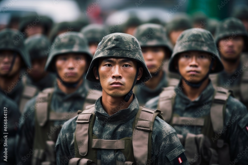 Portrait of an Asian military man in the ranks with selective focus. AI generated, human enhanced Portrait of an Asian military man in the ranks with selective focus. AI generated, human enhanced