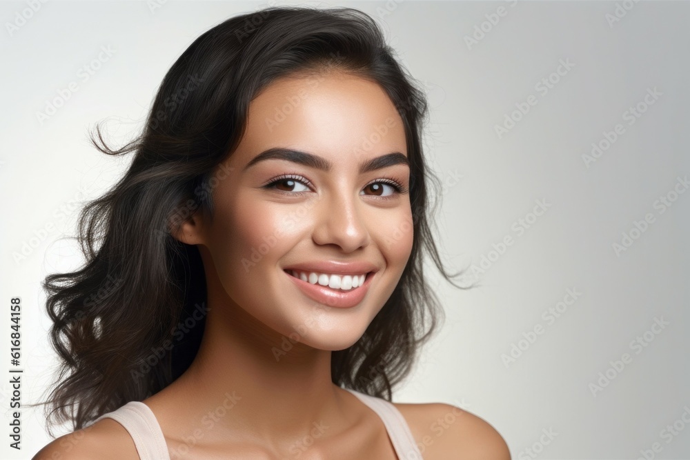 Beauty portrait of a pretty young Arab woman on a light background with selective focus and copy space. AI generated Beauty portrait of a pretty young Arab woman on a light background with selective focus and copy space. AI generated